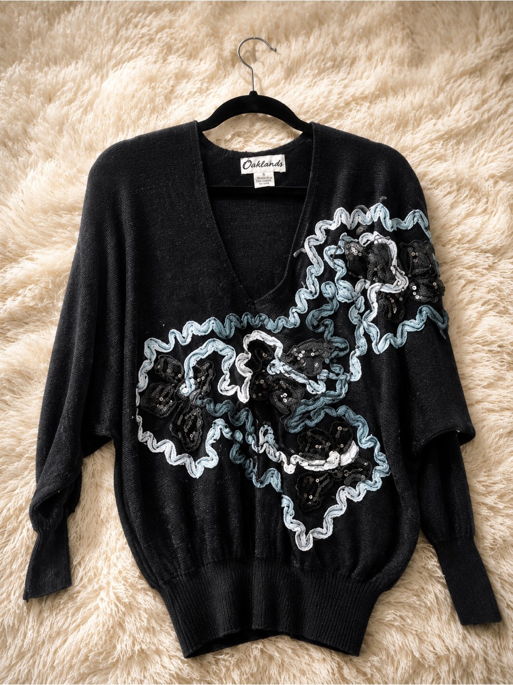 Black vintage V-Neck Embellished Sweater